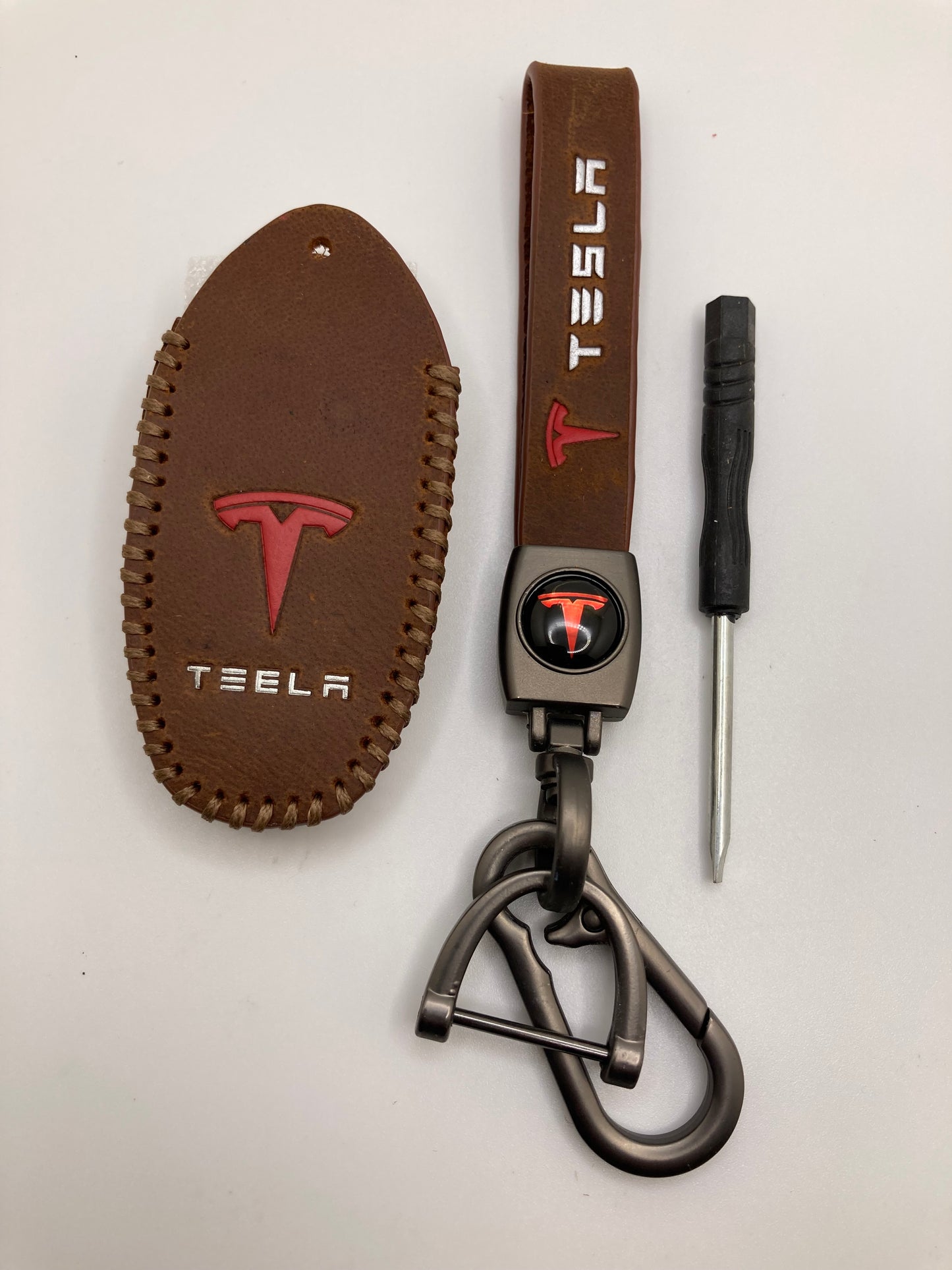 Tesla leather keychain and fob case - black and brown