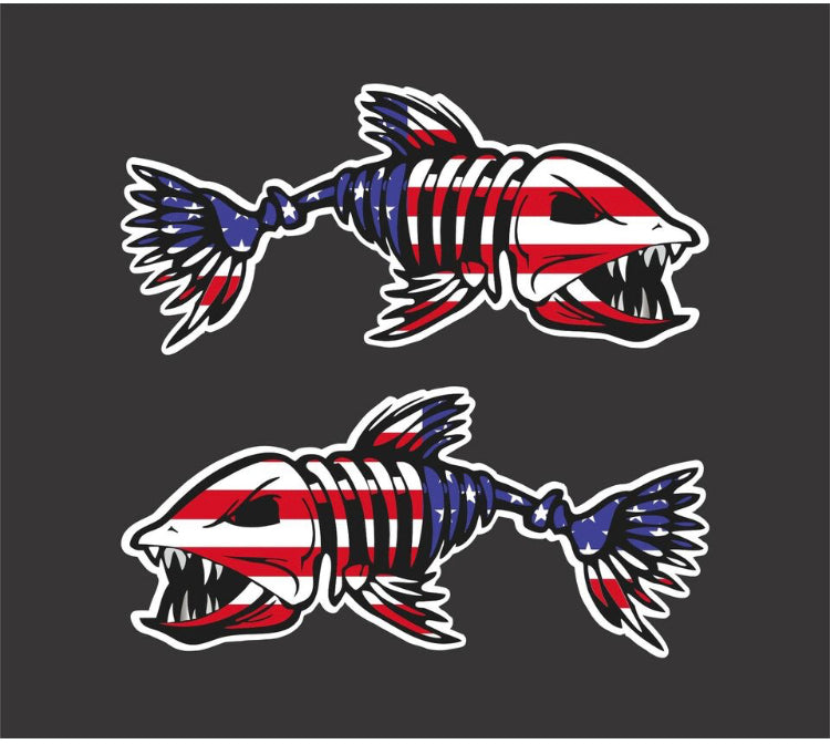 Skeleton Fish USA flag Vinyl Sticker Decal for Car Truck Boat ATV - 2pack - L&R