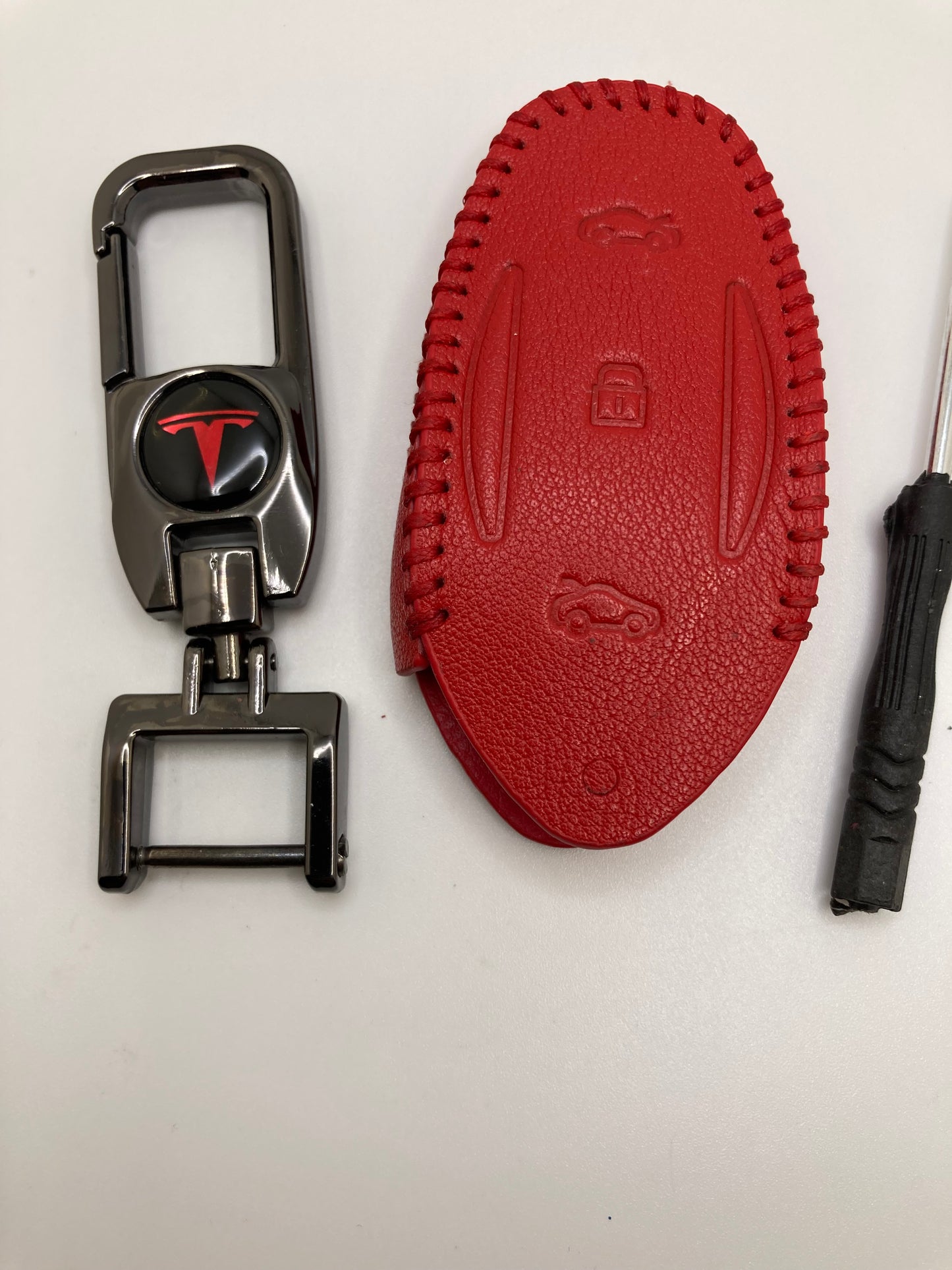 Tesla clip-style keychain and leather fob case- Black or Red