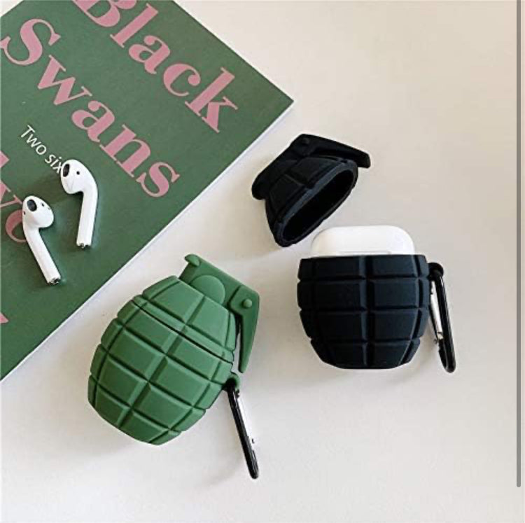 AirPods 3d silicone case cover - Grenade - black/green - fits Gen 1 and 2 AirPods
