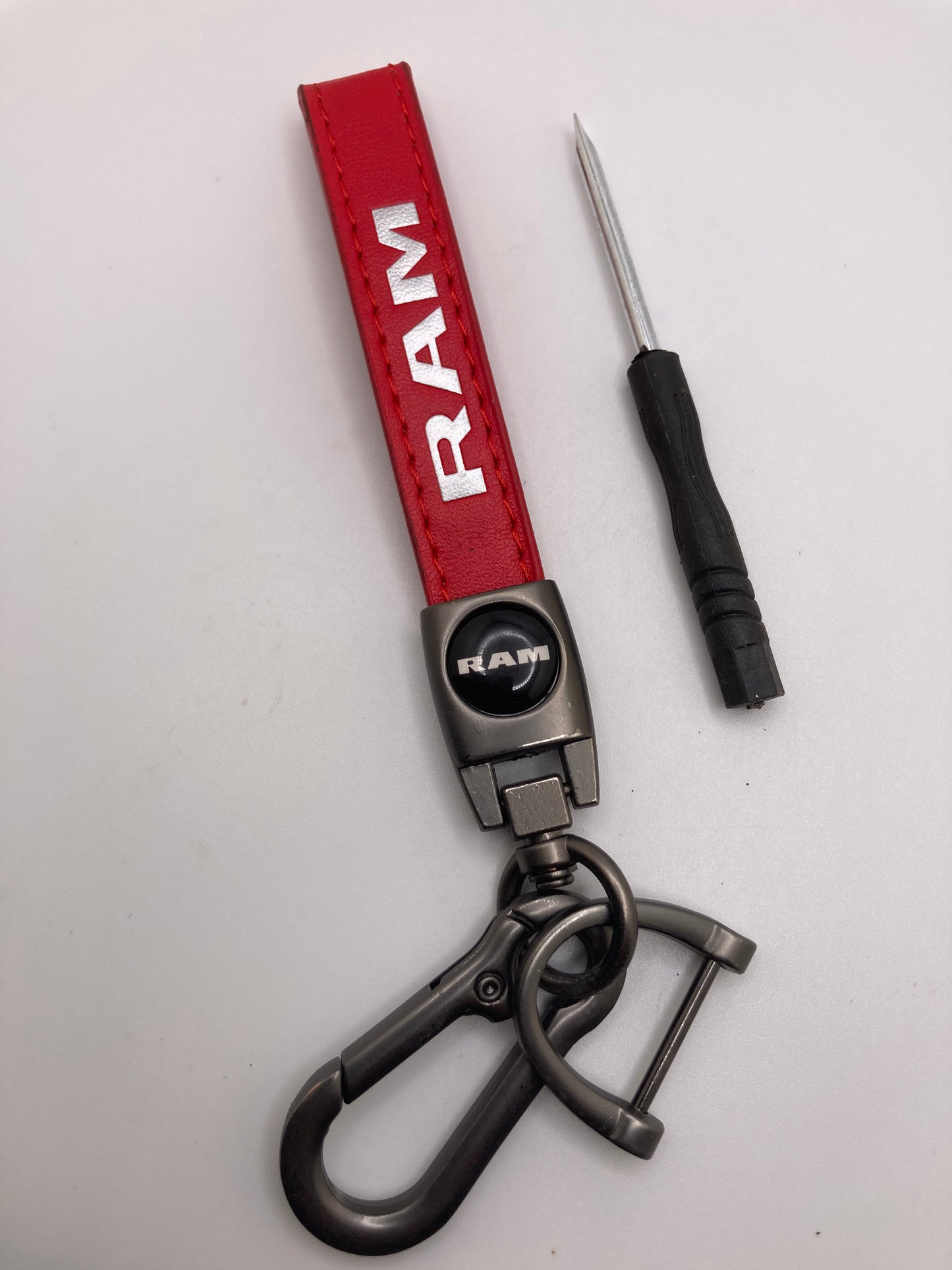 RAM - Red Leather Keychain with dark nickel hardware