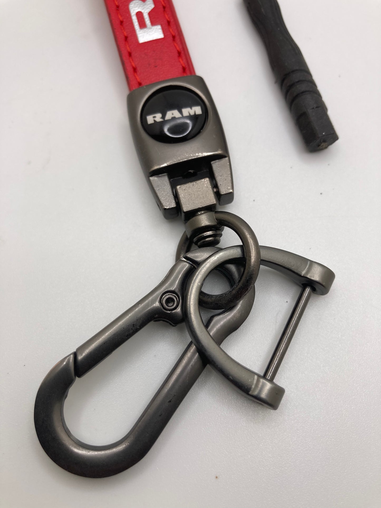 RAM - Red Leather Keychain with dark nickel hardware