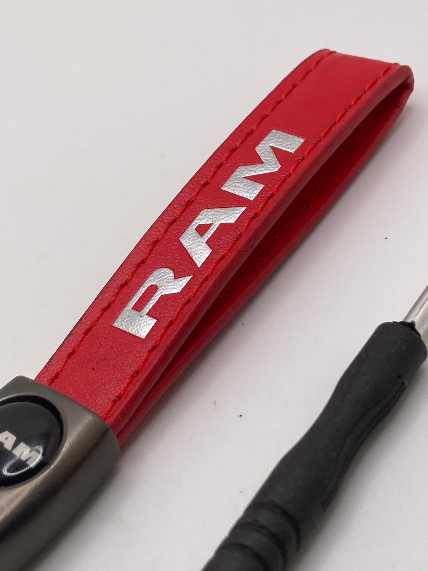 RAM - Red Leather Keychain with dark nickel hardware