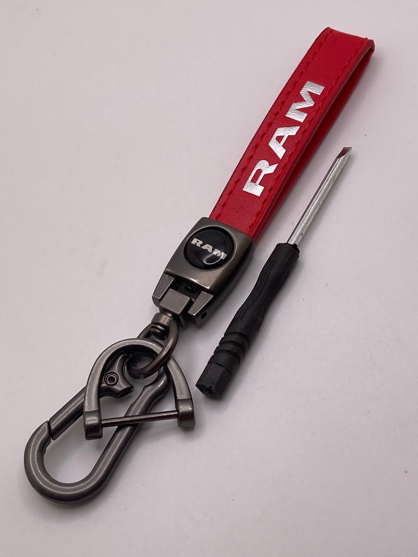 RAM - Red Leather Keychain with dark nickel hardware