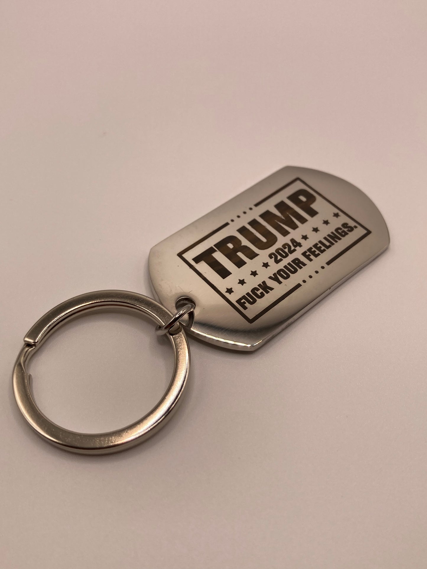 Trump 2024 3pcs set - 2x reflective 4”x6” oval stickers and a dog tag style key ring - F*ck your feelings