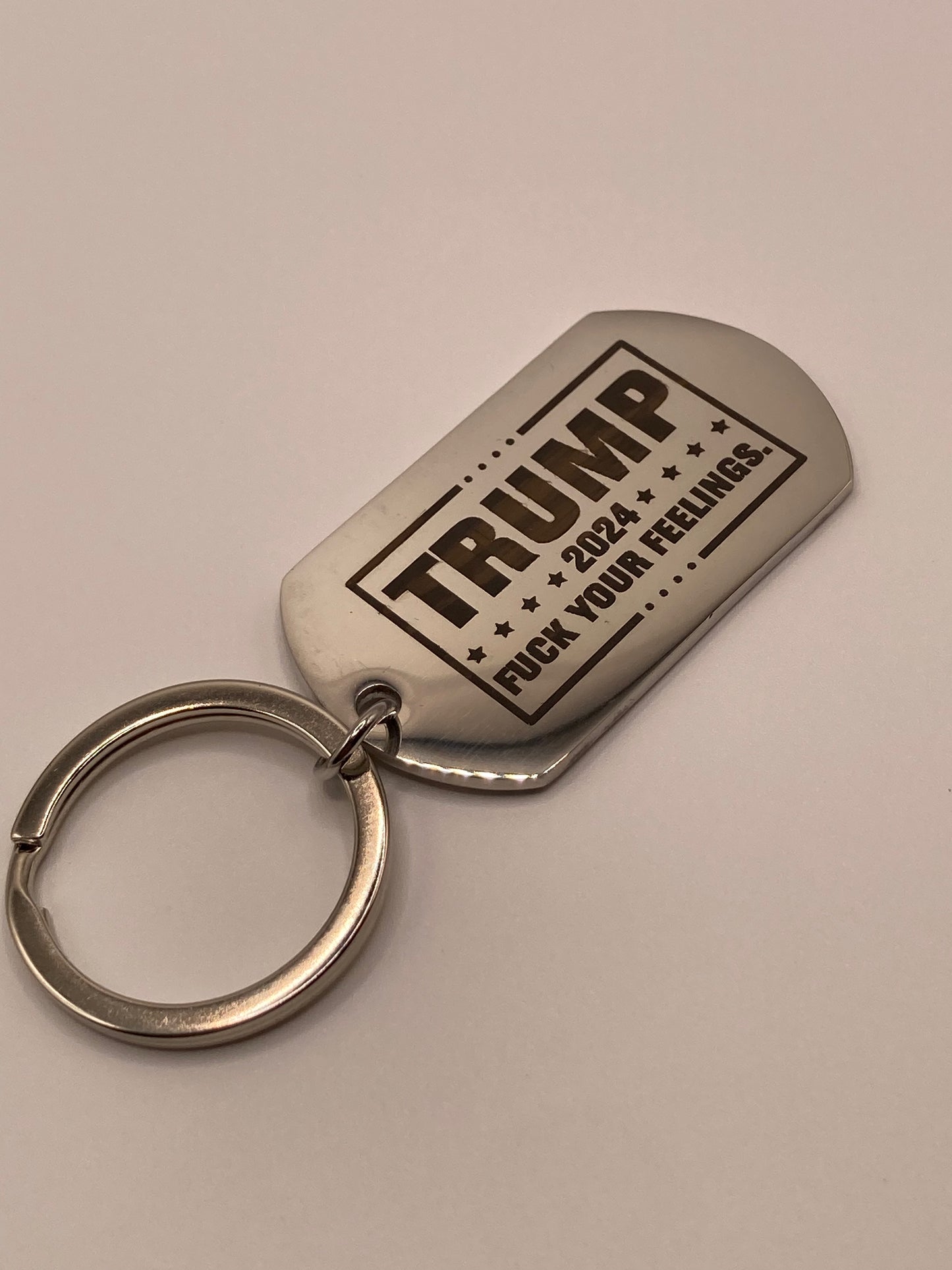 Trump 2024 3pcs set - 2x reflective 4”x6” oval stickers and a dog tag style key ring - F*ck your feelings