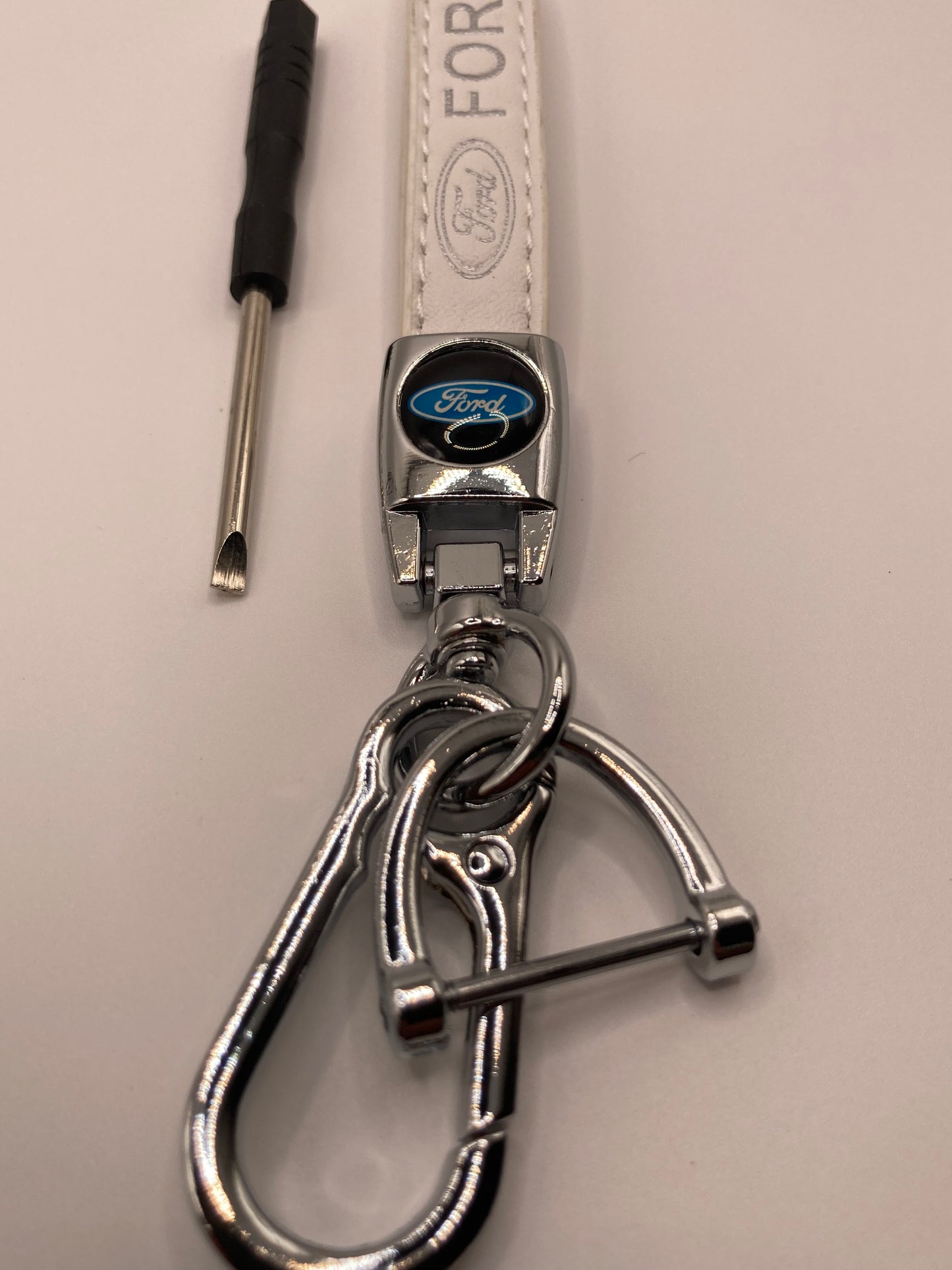 Ford - White leather keychain with chrome hardware