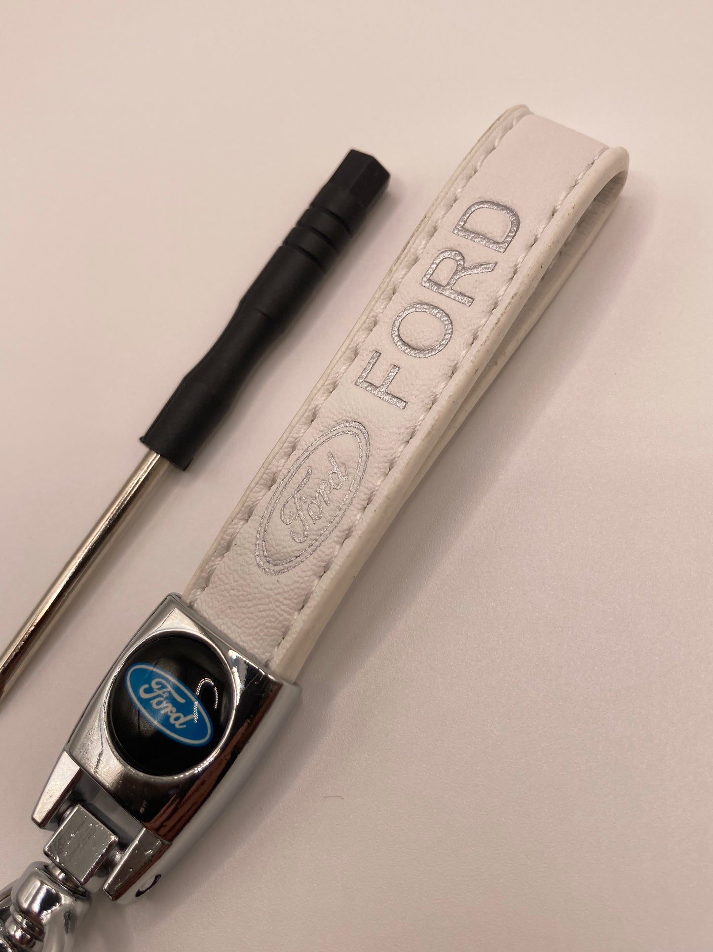 Ford - White leather keychain with chrome hardware