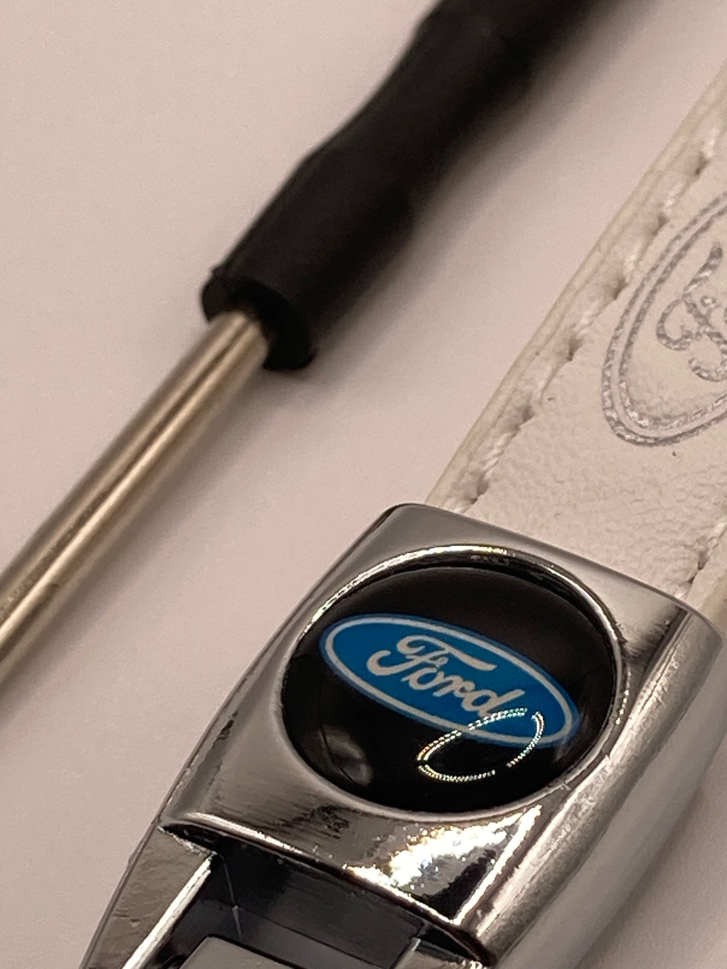 Ford - White leather keychain with chrome hardware