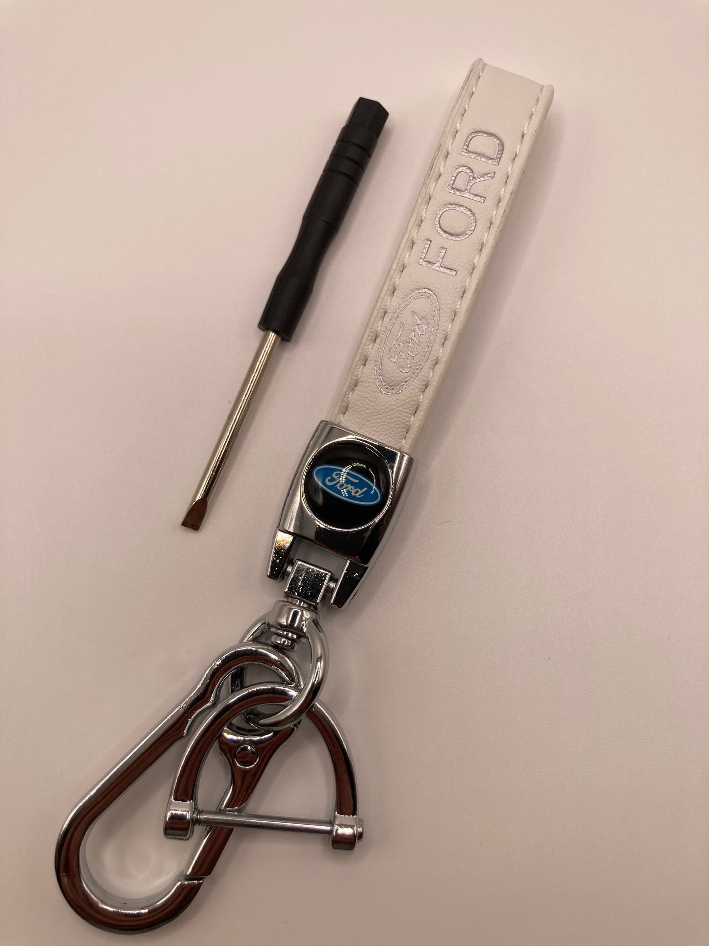 Ford - White leather keychain with chrome hardware
