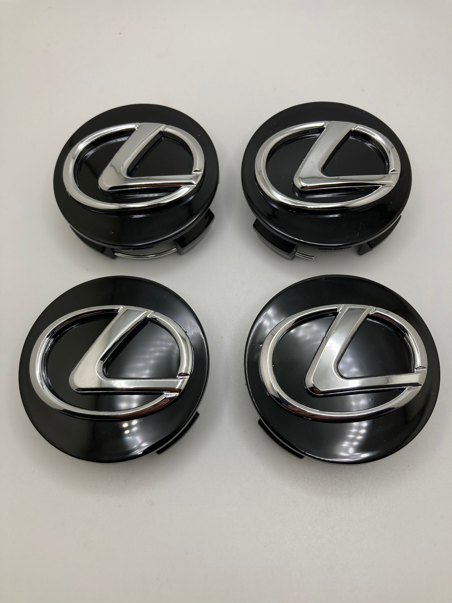 Set of 4 - 62mm black and chrome replacement wheel center caps with 3d chrome Lexus logo
