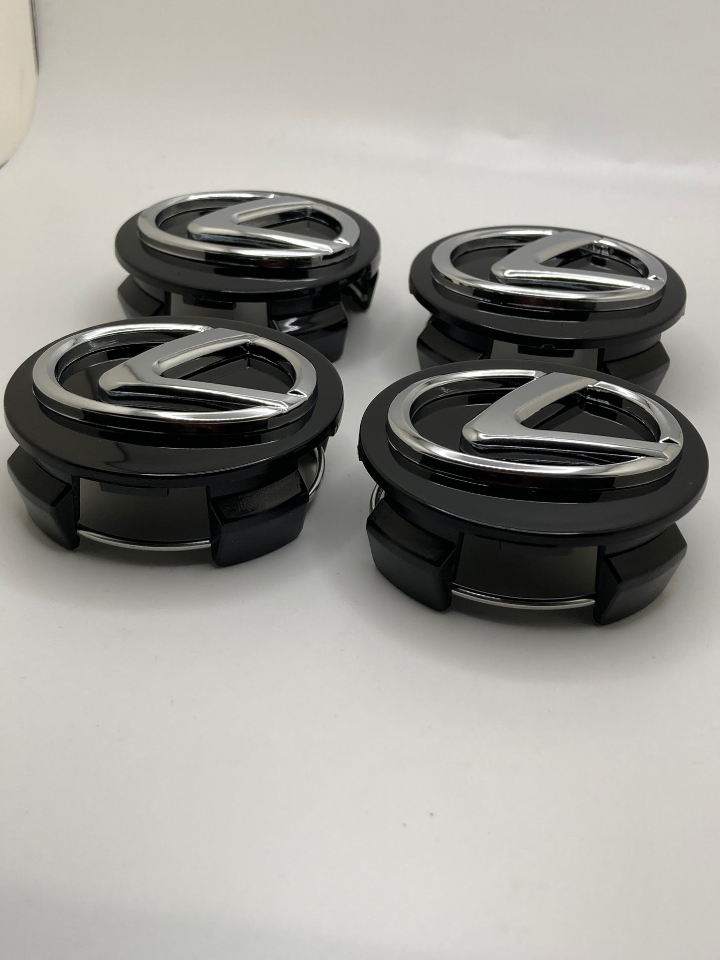 Set of 4 - 62mm black and chrome replacement wheel center caps with 3d chrome Lexus logo