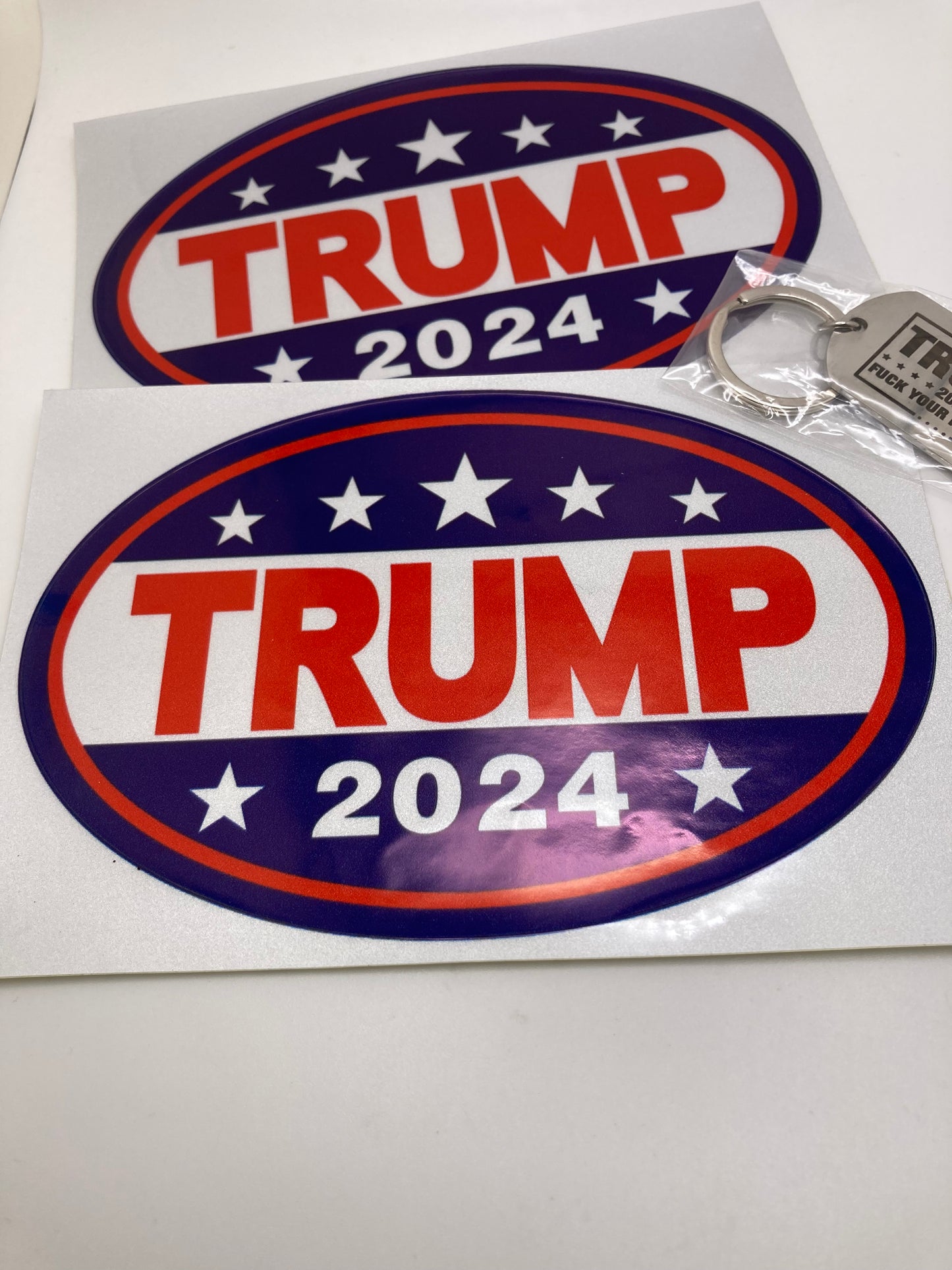 Trump 2024 3pcs set - 2x reflective 4”x6” oval stickers and a dog tag style key ring - F*ck your feelings
