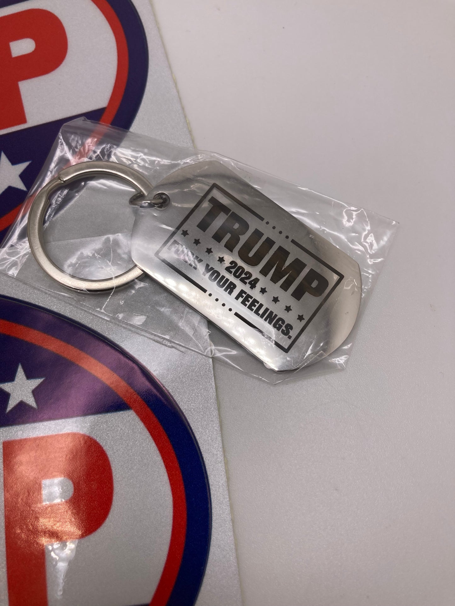 Trump 2024 3pcs set - 2x reflective 4”x6” oval stickers and a dog tag style key ring - F*ck your feelings