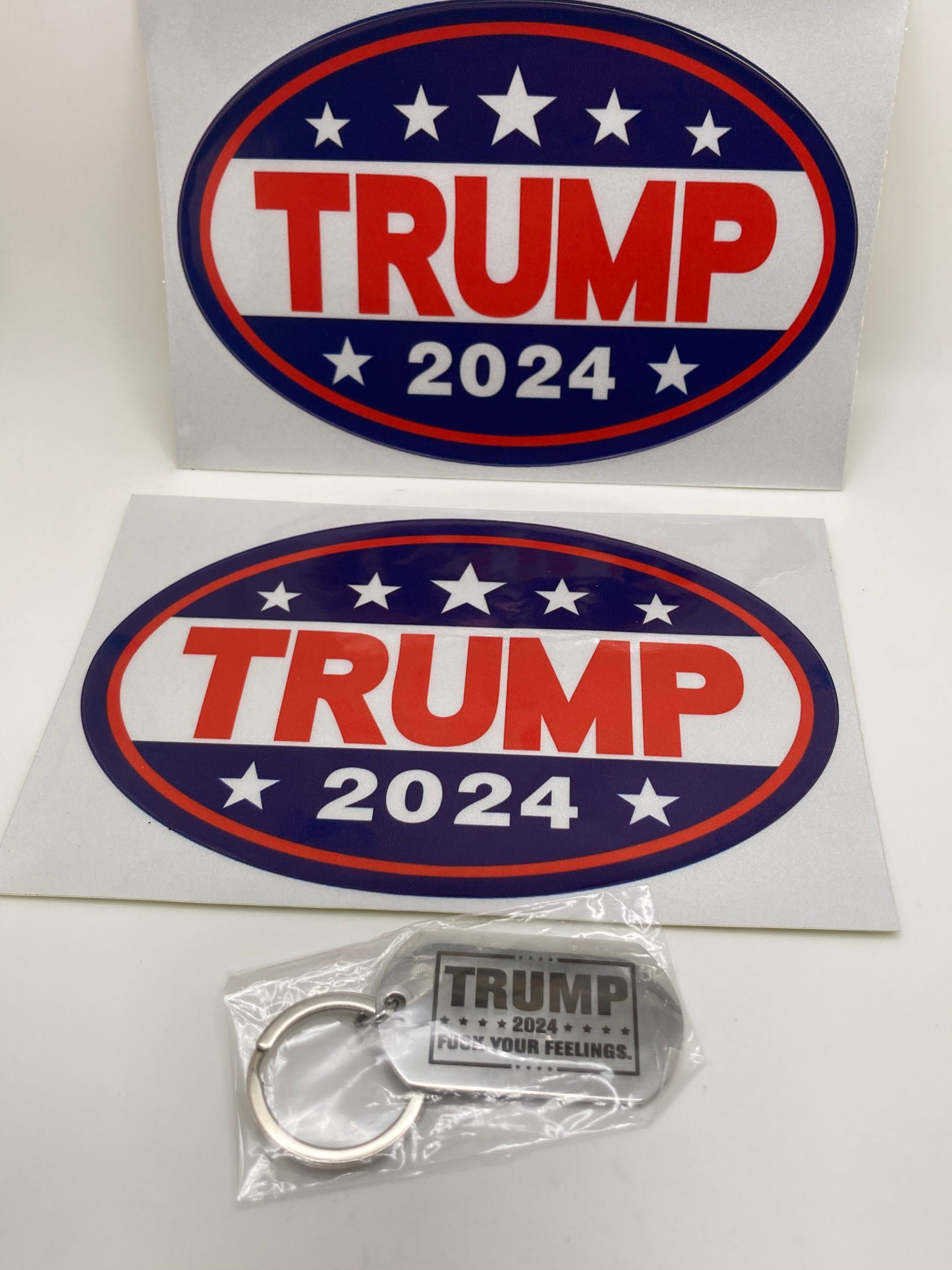 Trump 2024 3pcs set - 2x reflective 4”x6” oval stickers and a dog tag style key ring - F*ck your feelings