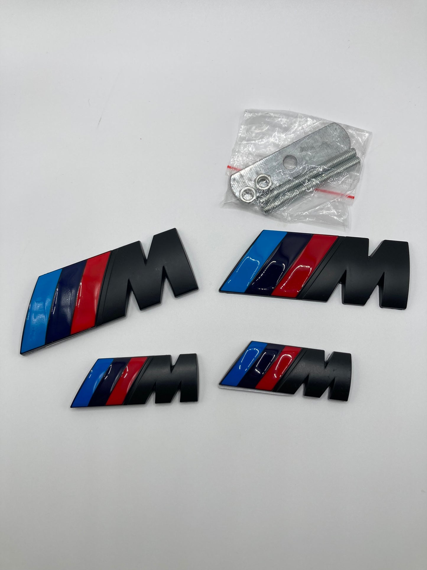 BMW M-Sport - 4pcs metal badge kit - Grill/Trunk/Fender - Matte Black w/gloss stripes