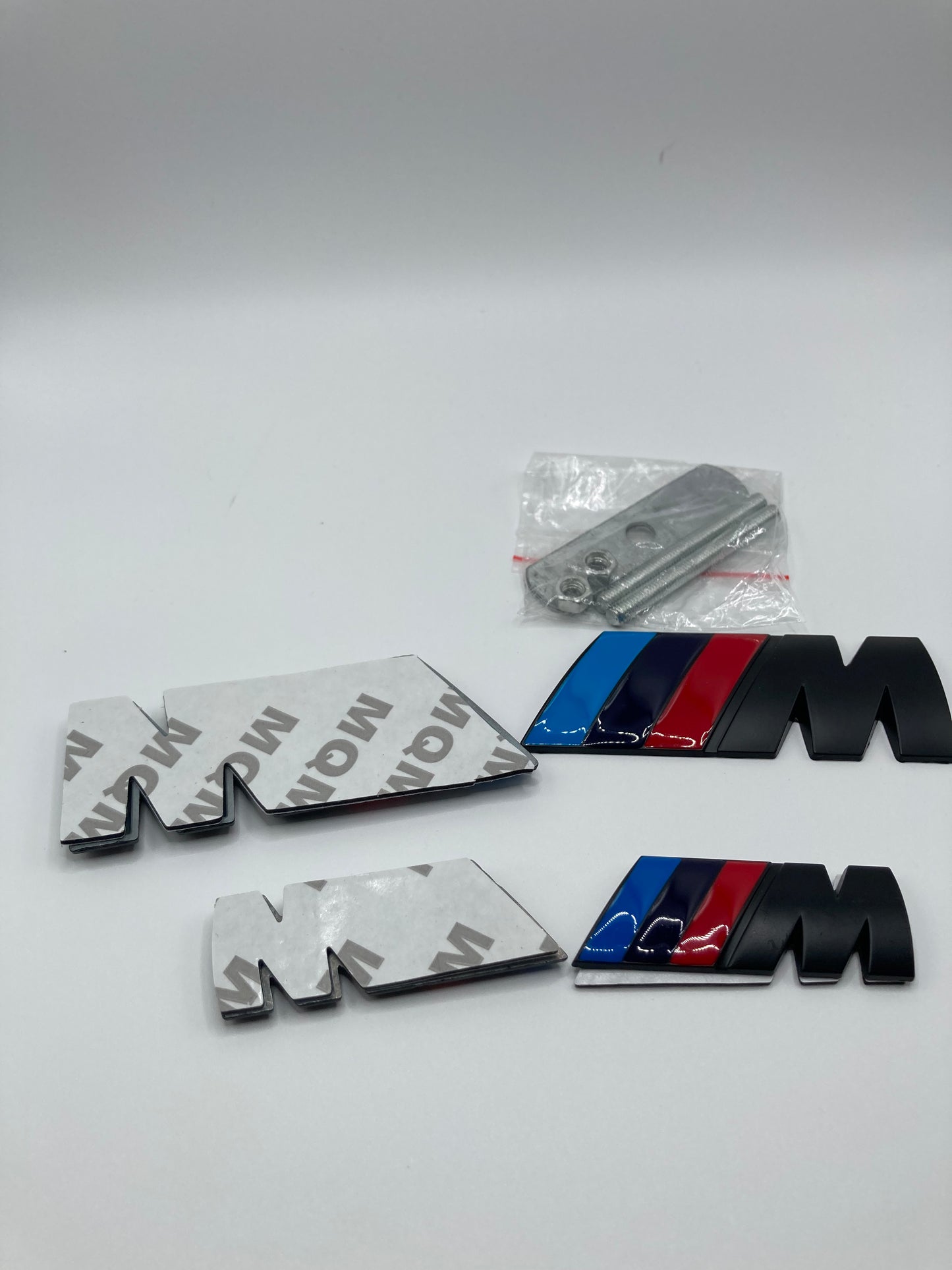 BMW M-Sport - 4pcs metal badge kit - Grill/Trunk/Fender - Matte Black w/gloss stripes