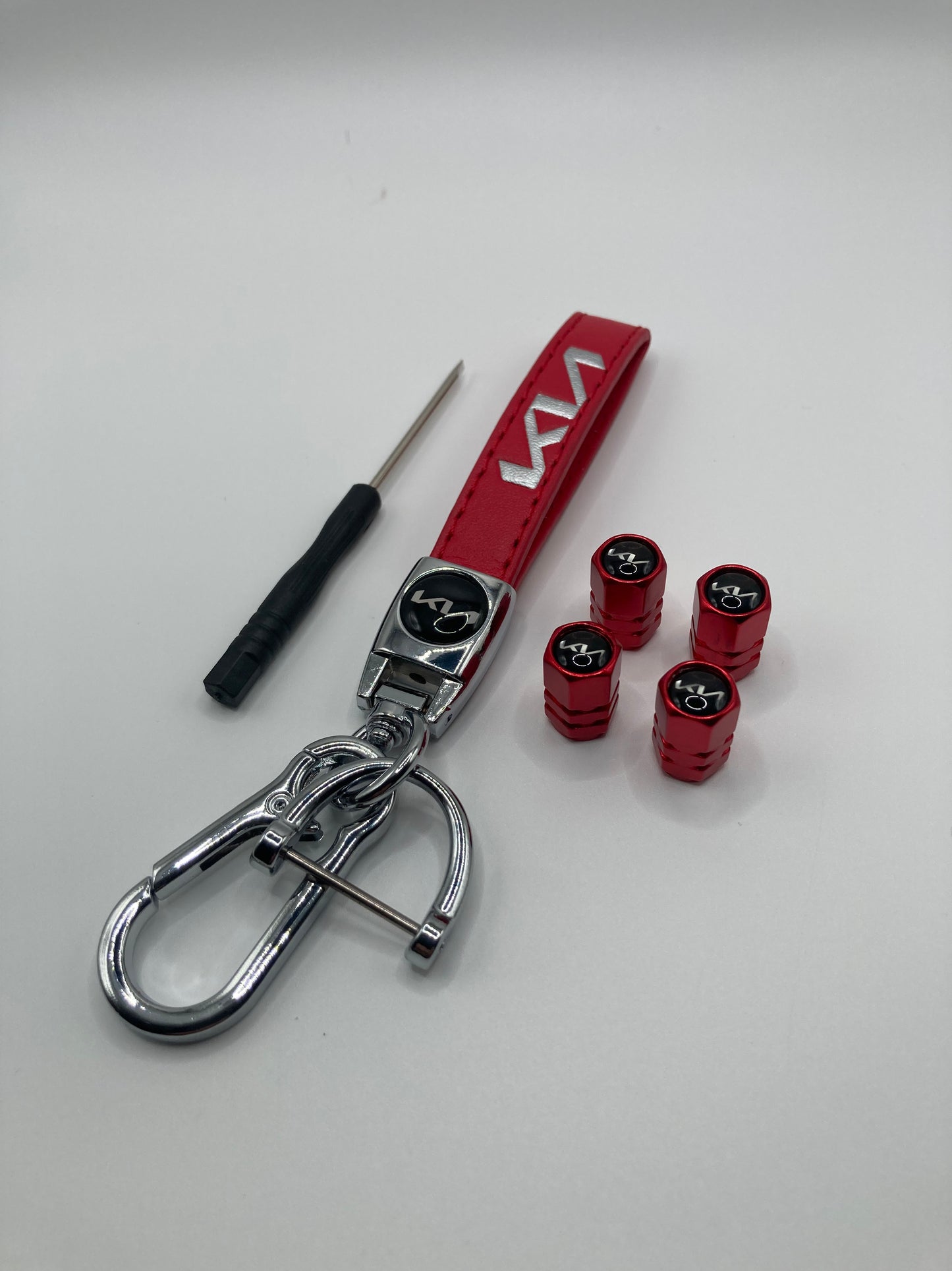 KIA - Red Leather Keychain and Valve Stem Cap Set - 5pcs