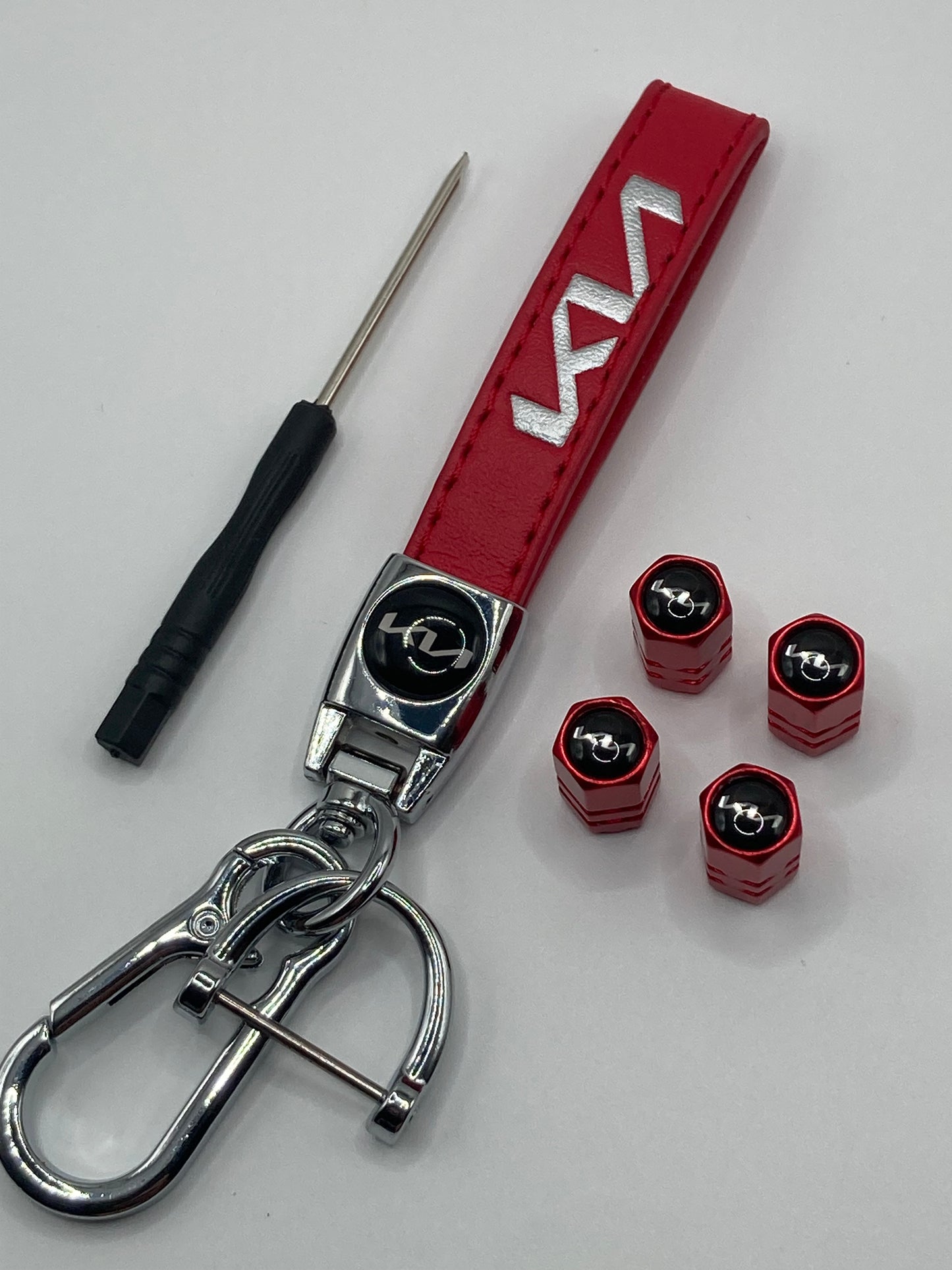 KIA - Red Leather Keychain and Valve Stem Cap Set - 5pcs
