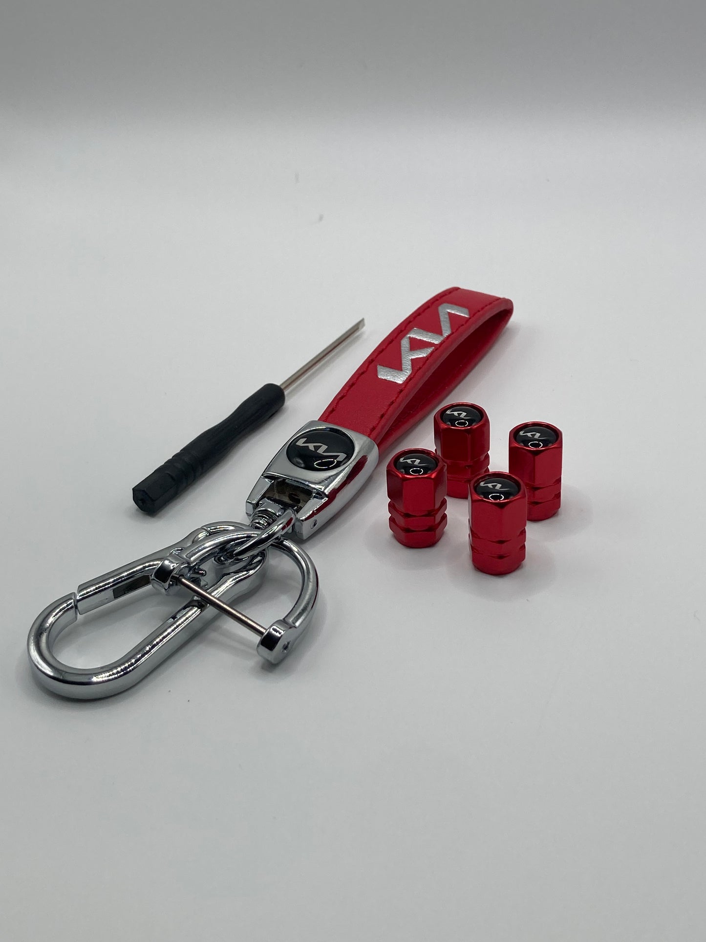 KIA - Red Leather Keychain and Valve Stem Cap Set - 5pcs