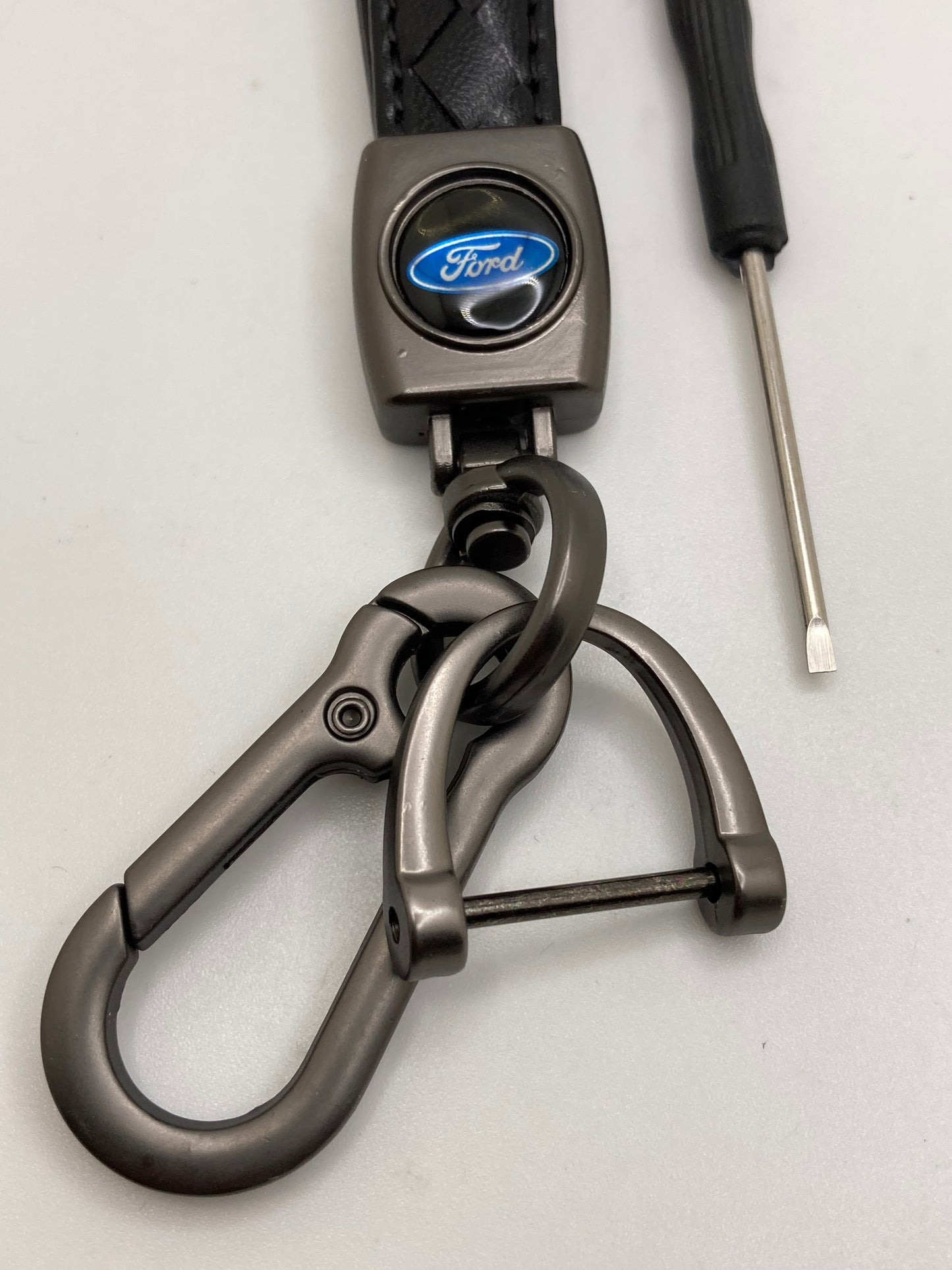 Ford black weaved leather keychain with logo