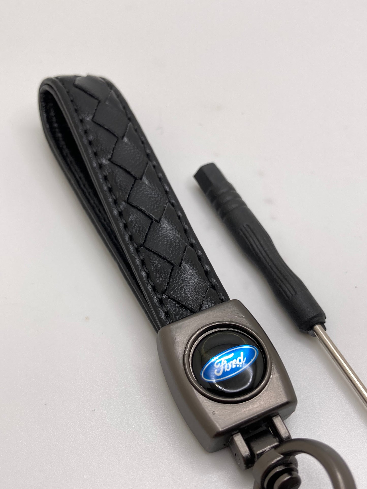 Ford black weaved leather keychain with logo