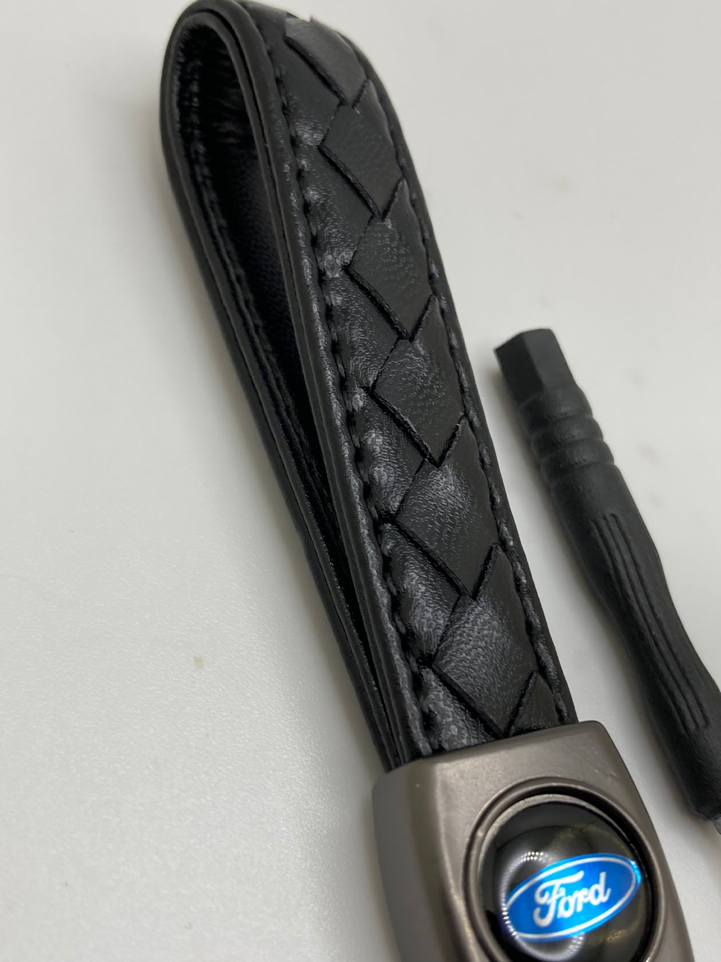 Ford black weaved leather keychain with logo