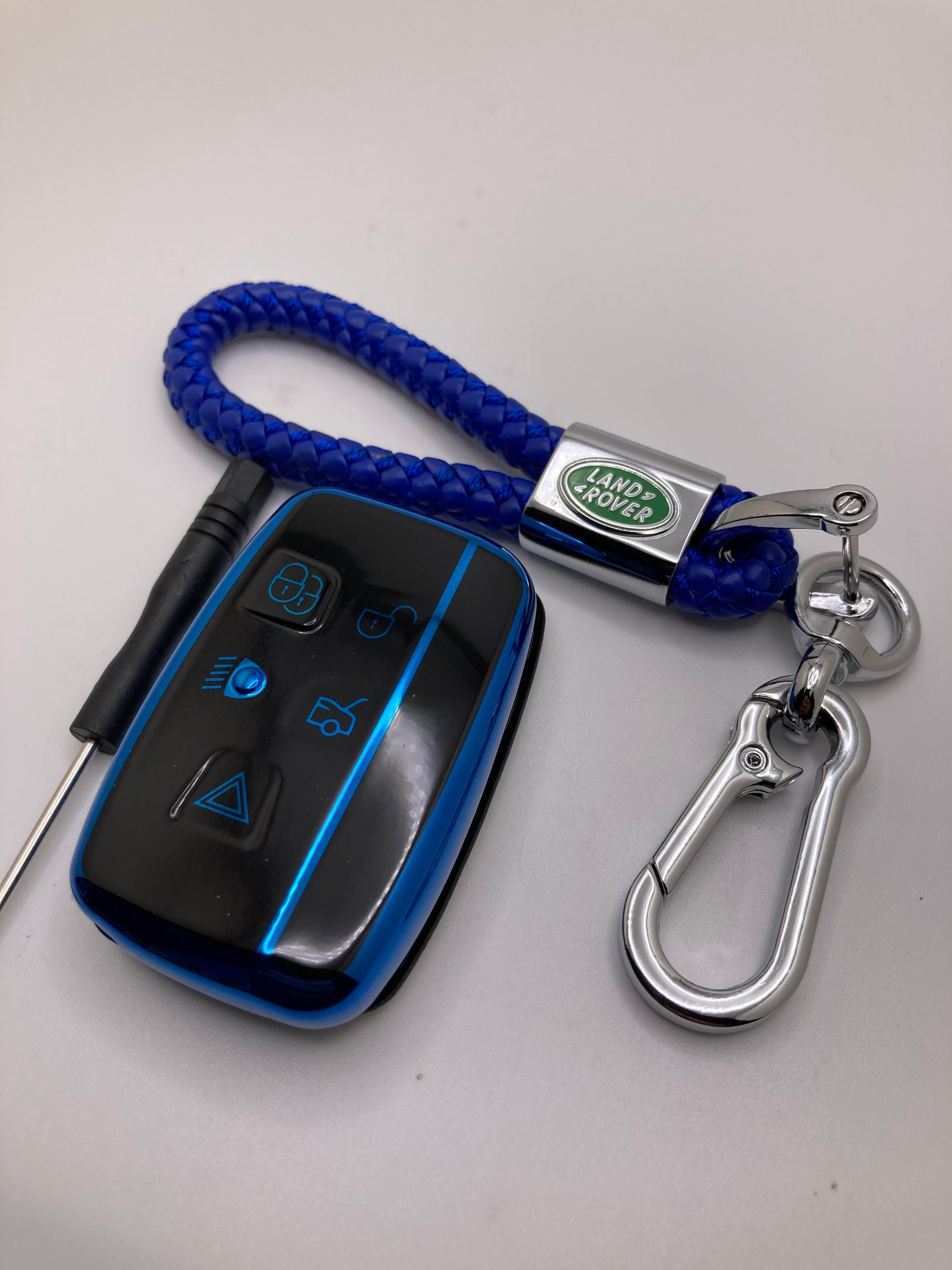 Land Rover blue rope keychain with logo and key fob cover