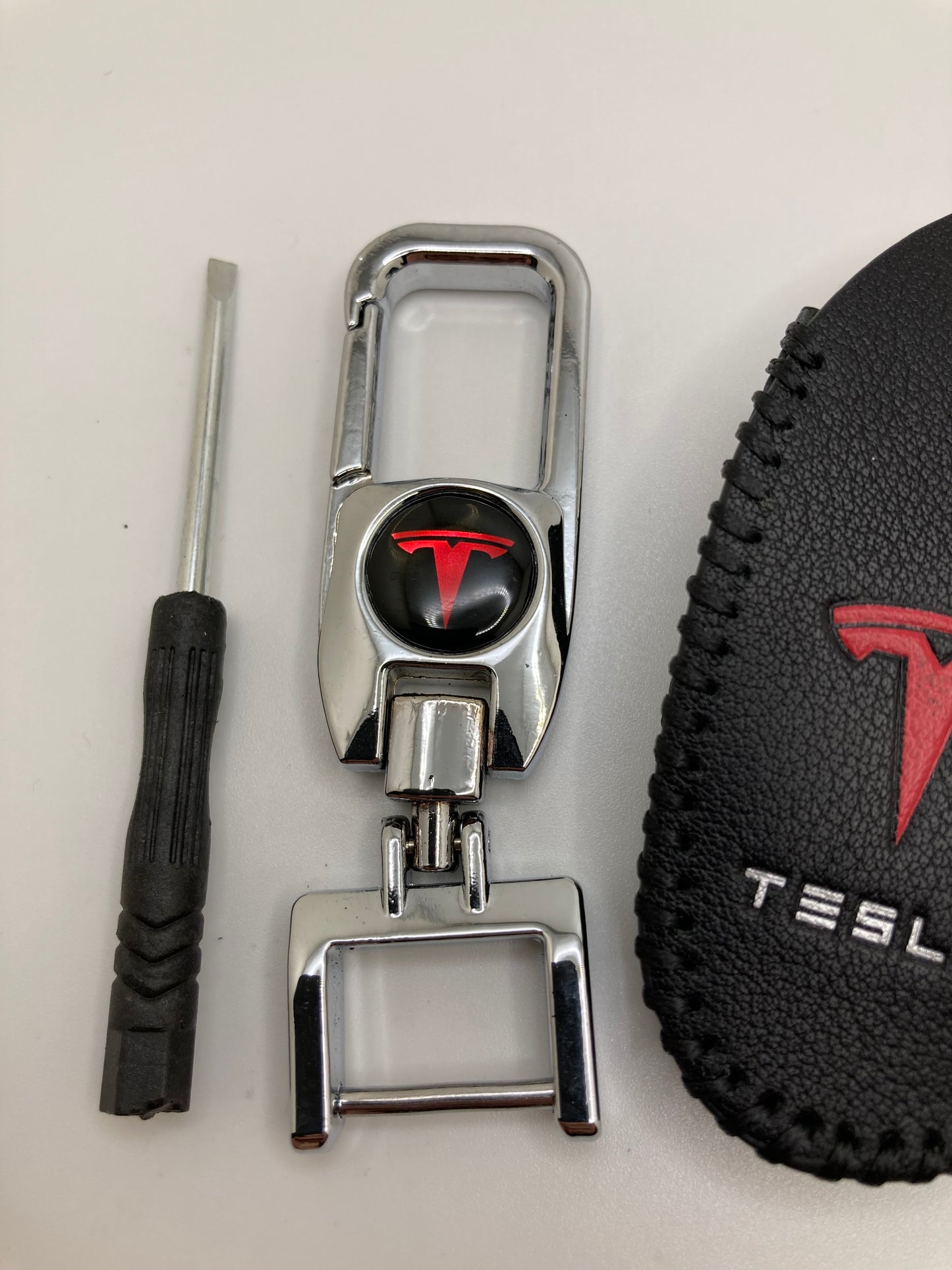 Tesla clip-style keychain and leather fob case- Black or Red