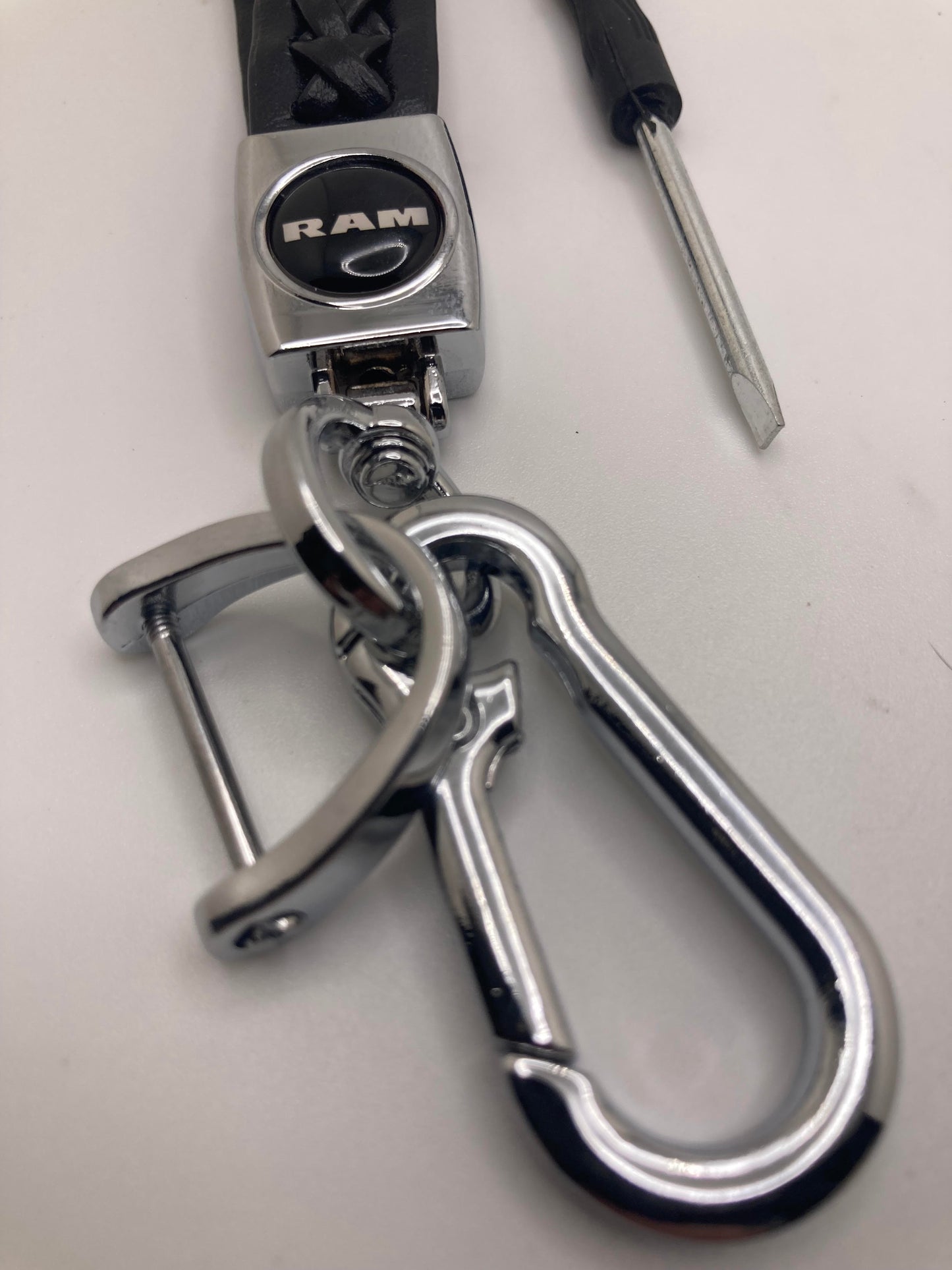 RAM black leather keychain
