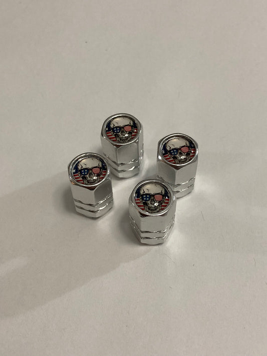 Chrome hex-style valve stem caps with a Patriotic Skull logo - 4pcs