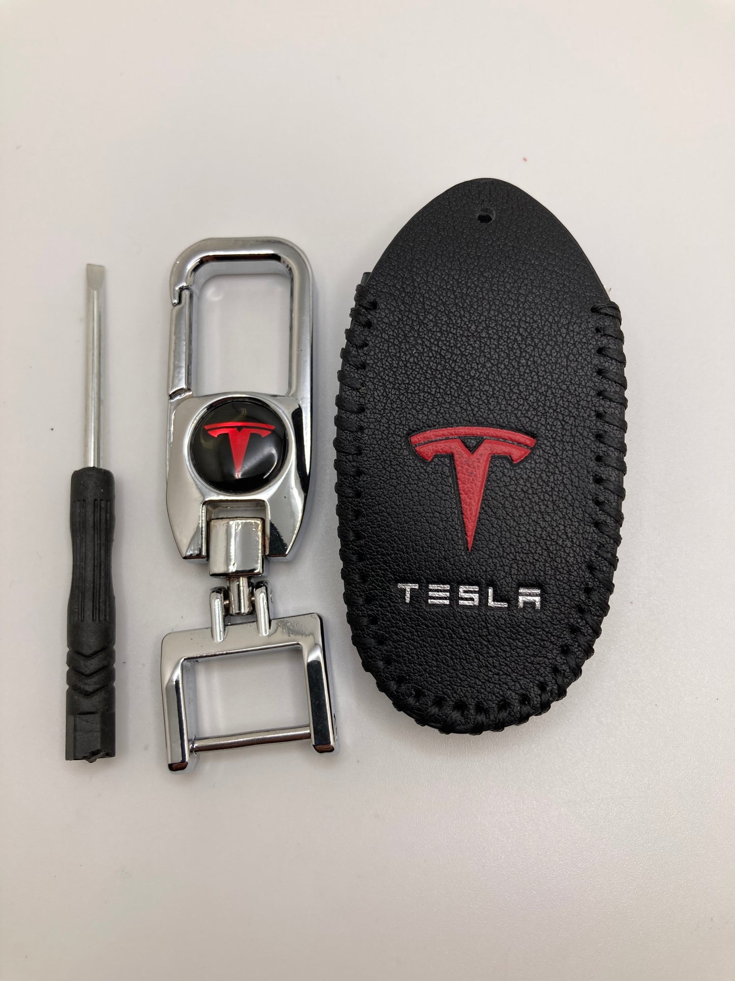 Tesla clip-style keychain and leather fob case- Black or Red
