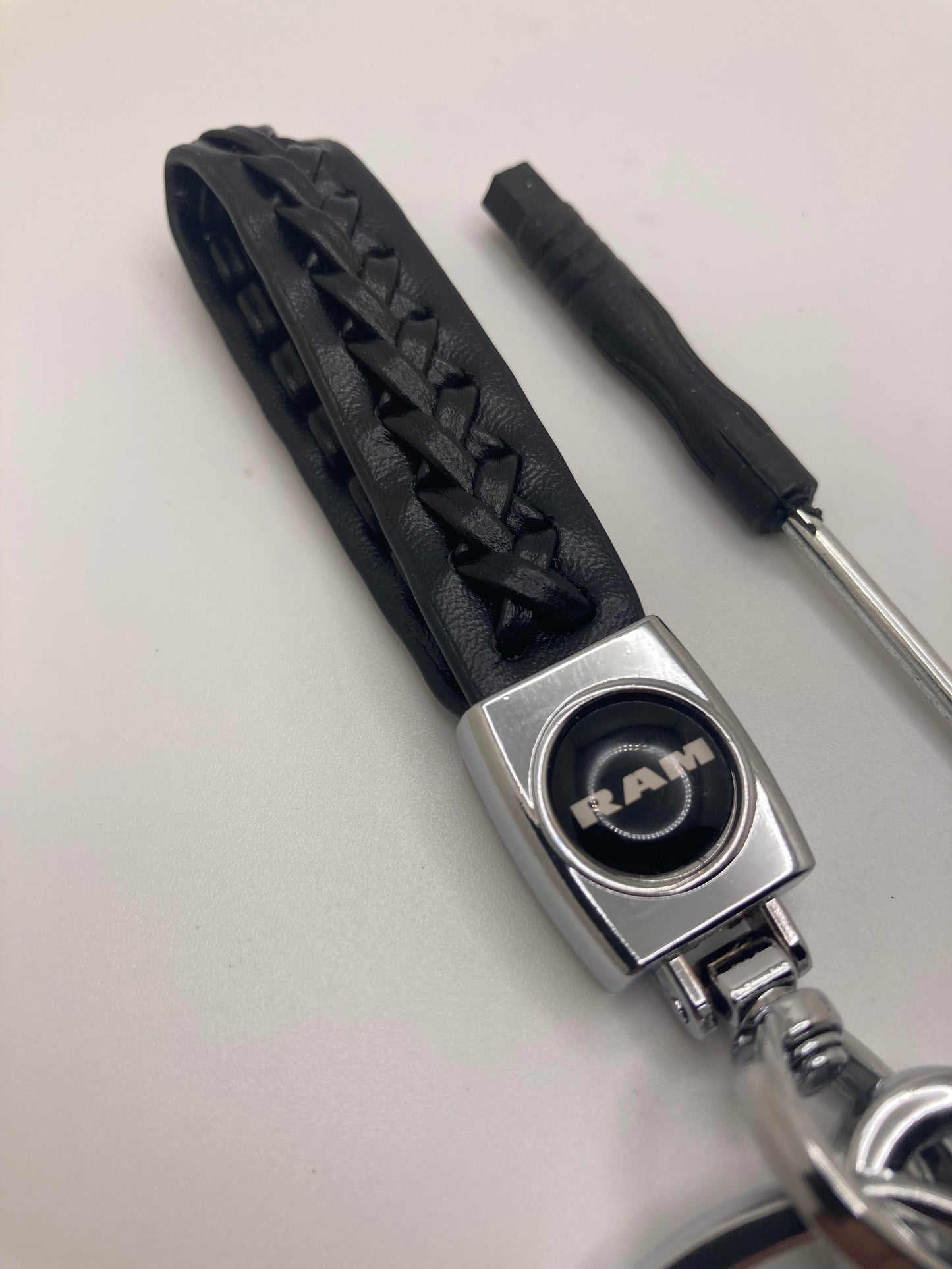 RAM black leather keychain