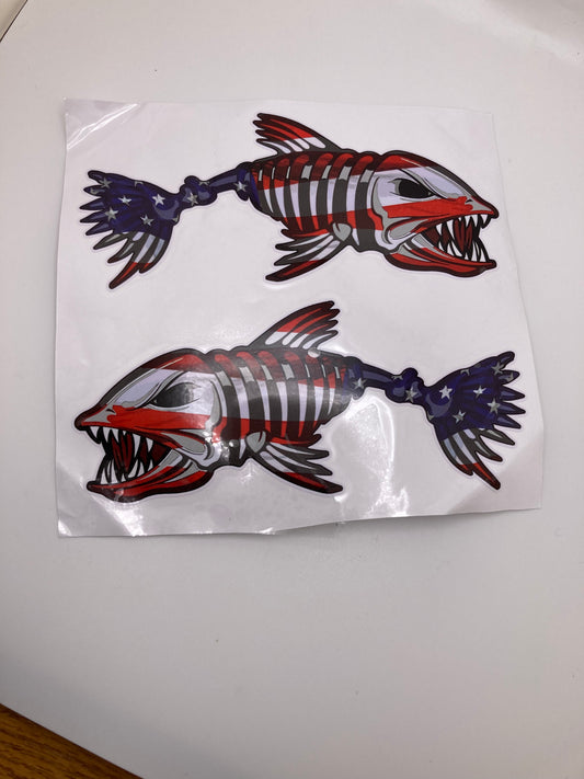 Skeleton Fish USA flag Vinyl Sticker Decal for Car Truck Boat ATV - 2pack - L&R