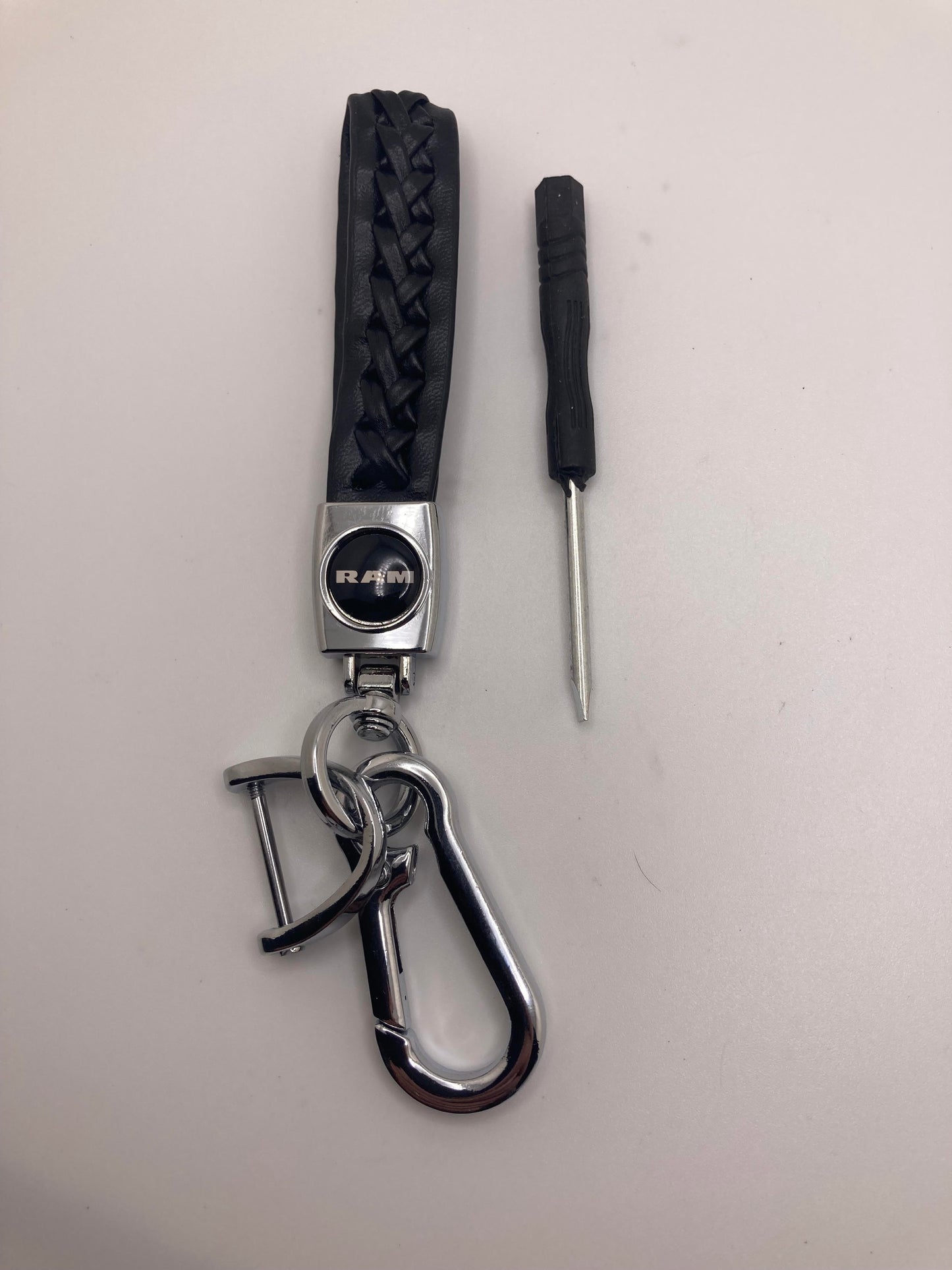 RAM black leather keychain