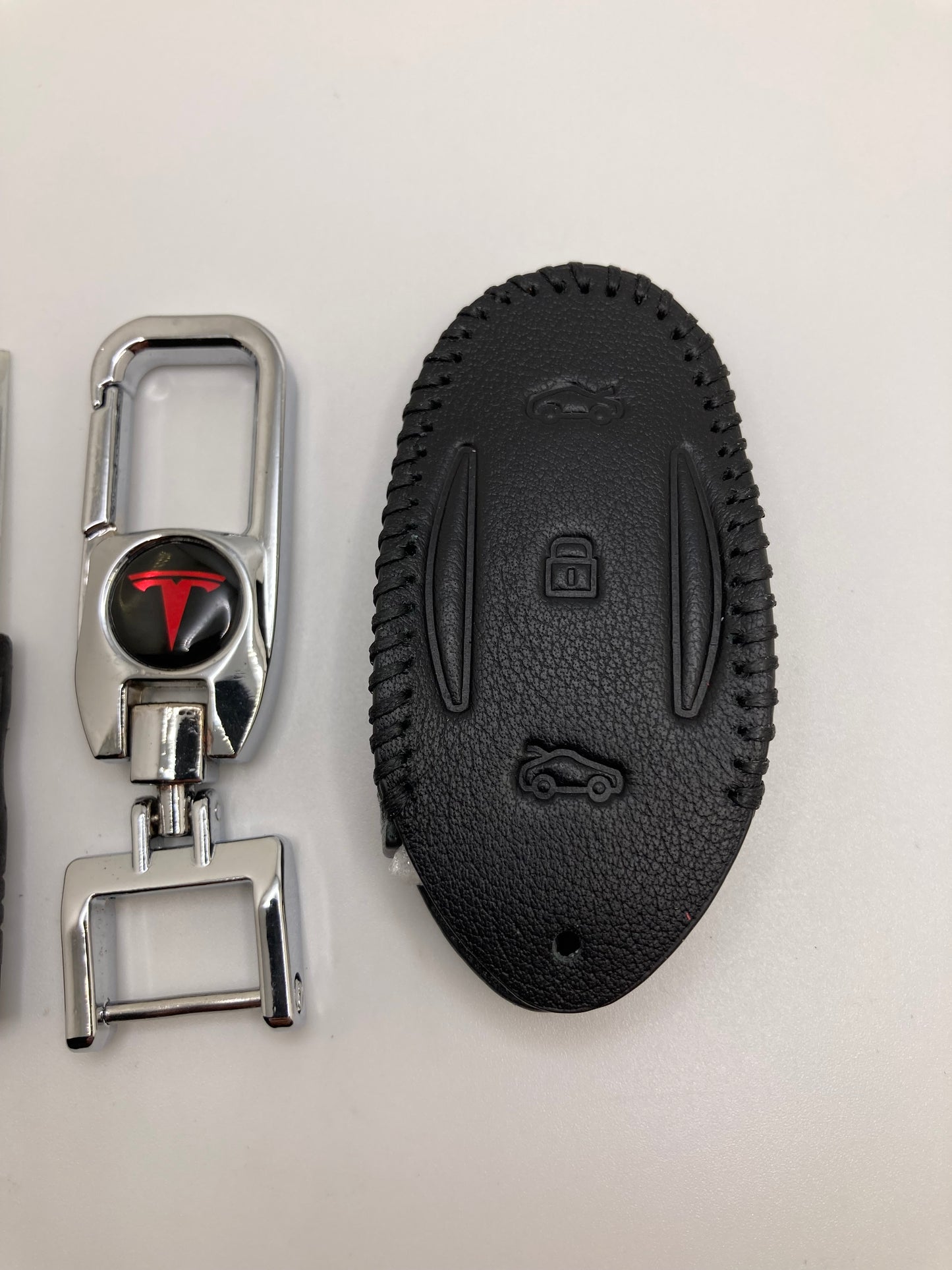 Tesla clip-style keychain and leather fob case- Black or Red
