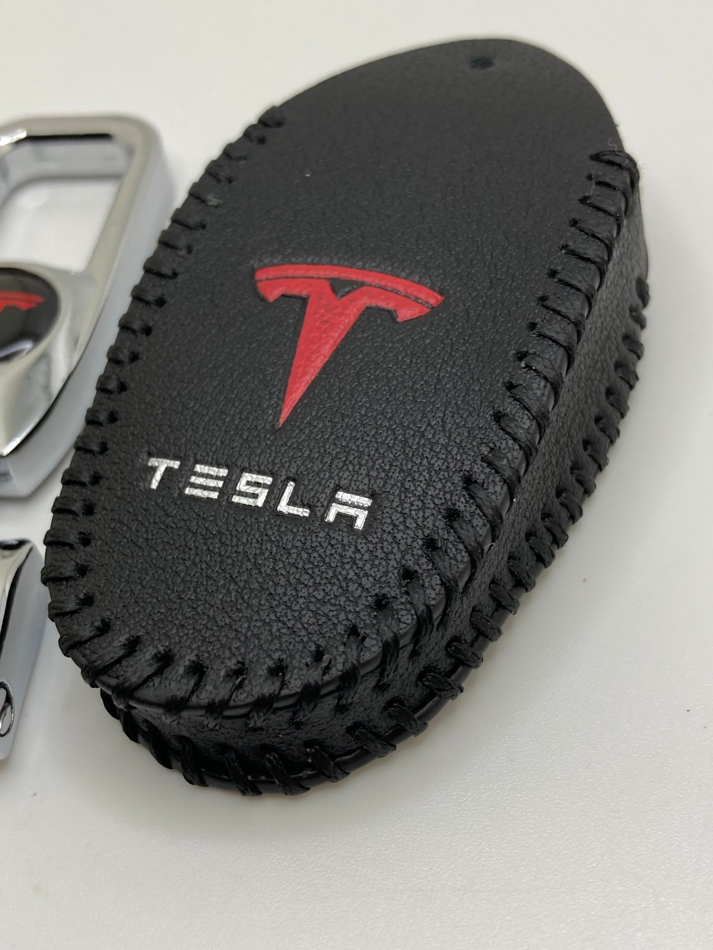 Tesla clip-style keychain and leather fob case- Black or Red