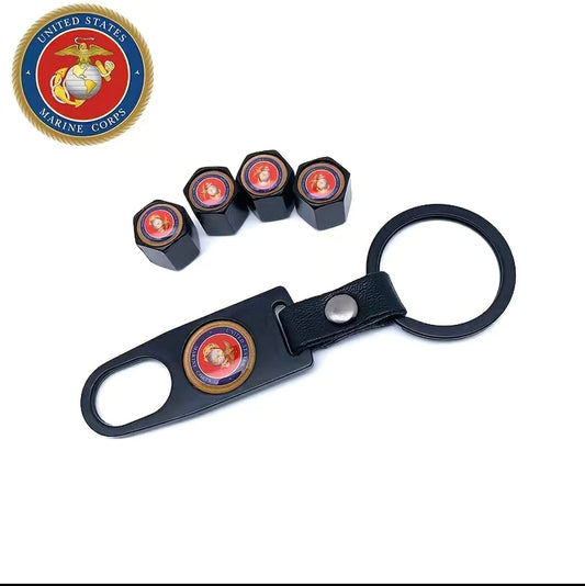 5pcs United States Marine Corps Emblem Car Wheel Tire Valve Stem Caps & USMC Keyring