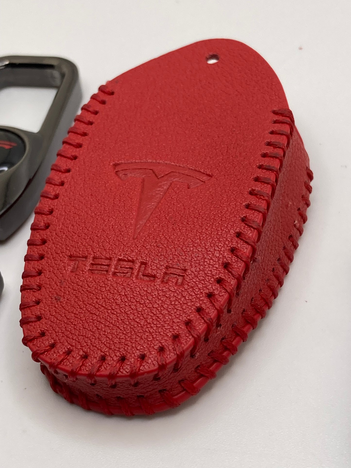 Tesla clip-style keychain and leather fob case- Black or Red