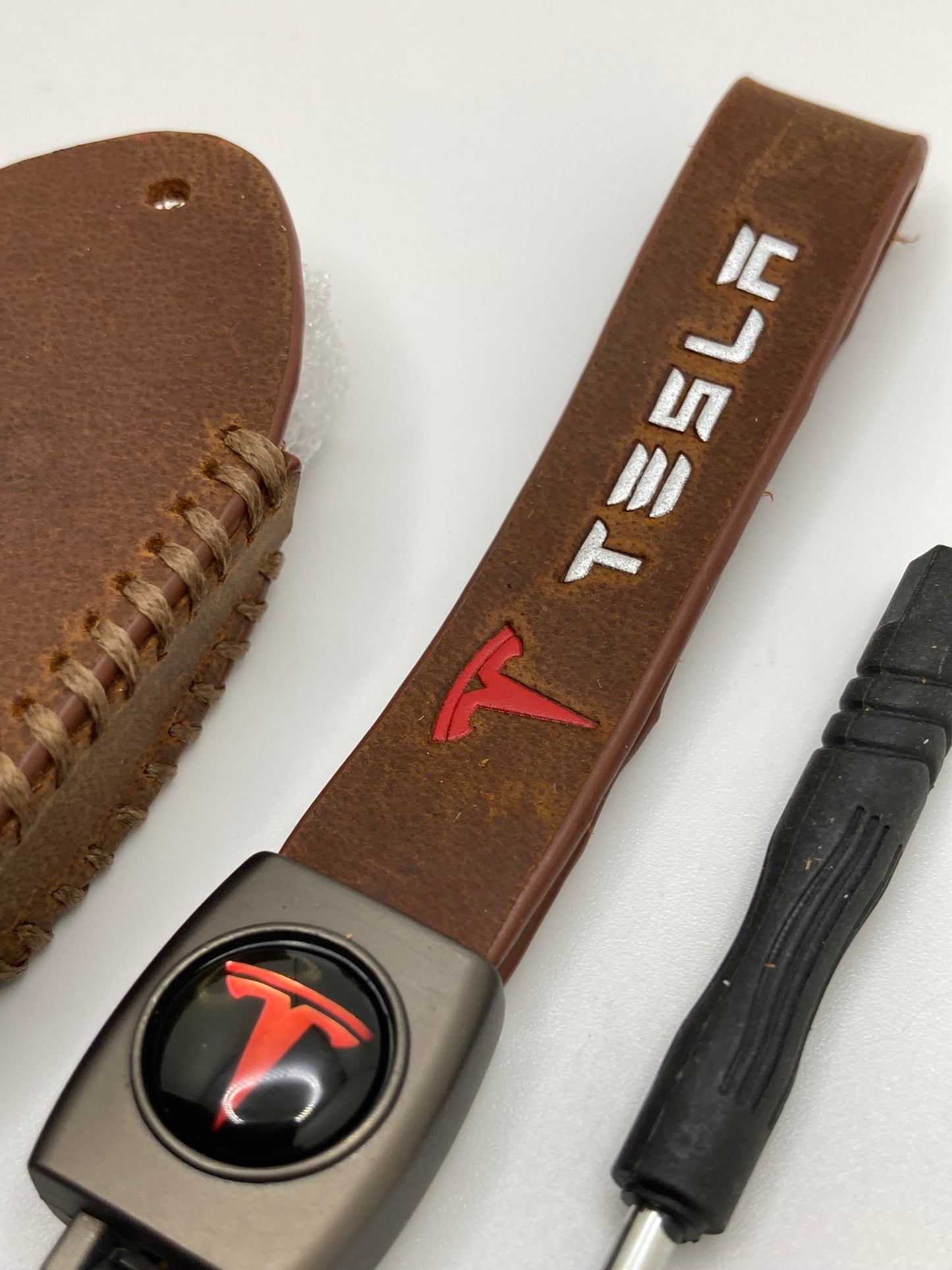 Tesla leather keychain and fob case - black and brown