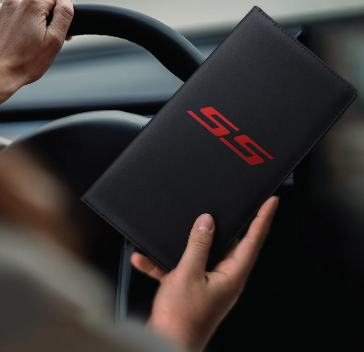 Leather Car Registration and Insurance Cards Holder Compatible with Chevy Camaro SS, Vehicle Glove Box Car Organizer with Magnetic Shut, Documents License for Camaro SS Owners