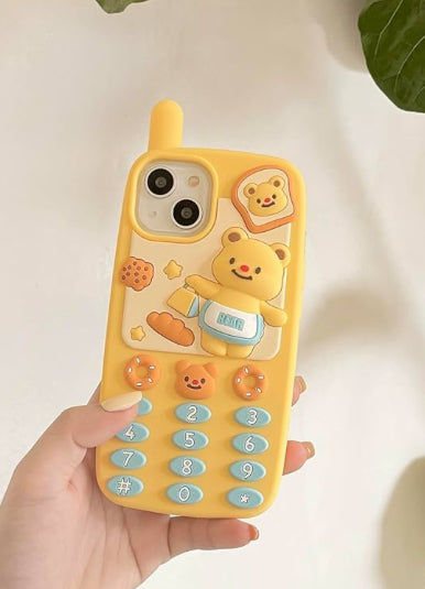 3D Cute Butter Bear Retro Phone Shape Soft Silicone Case Compatible with iPhone 13 Pro 6.1 inch