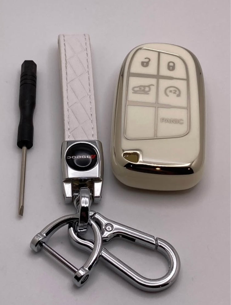 Dodge - white/chrome leather Keychain and key fob case