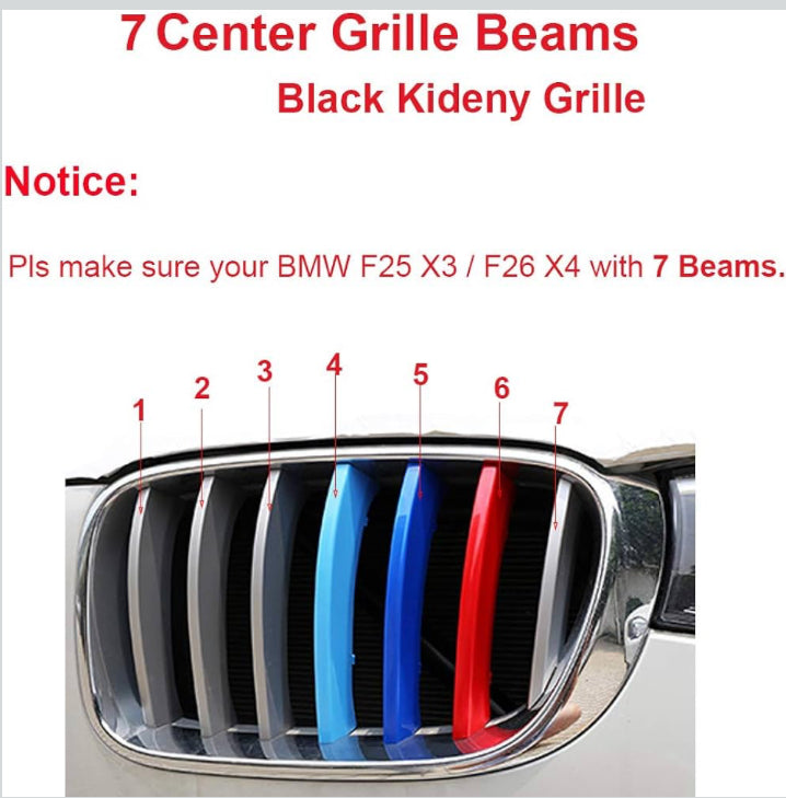 Tri-Colored Grille Insert Trims, 1Set(3pcs) W/Standard Front Stripe Grille Insert Trims Comaptible for 2011-2017 BMW F25 X3/2014-2017/2018 F26 X4 Center Kidney Grill (7Beams)