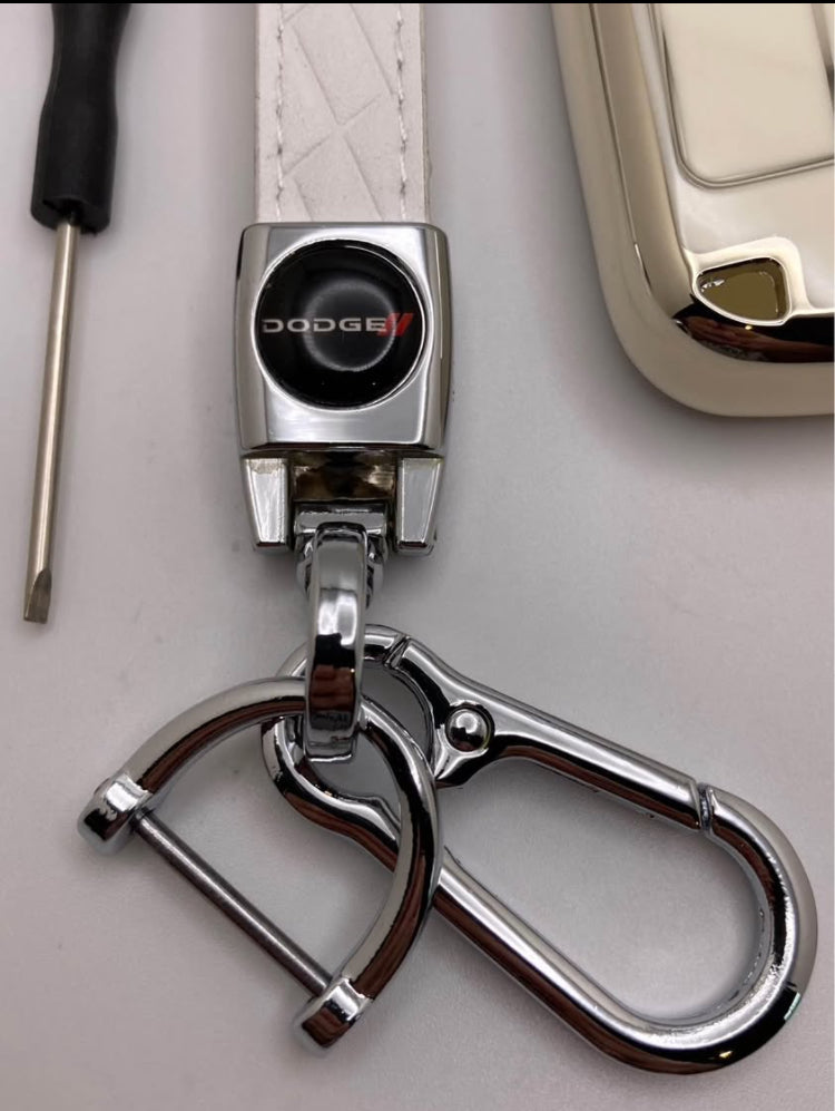 Dodge - white/chrome leather Keychain and key fob case