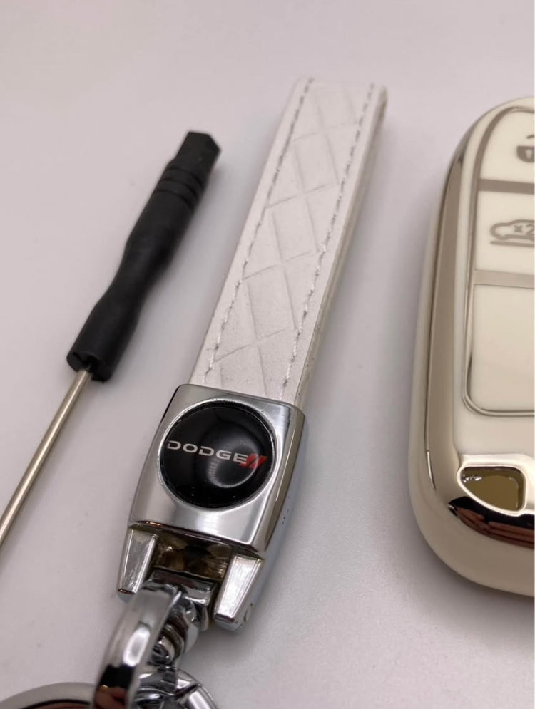 Dodge - white/chrome leather Keychain and key fob case