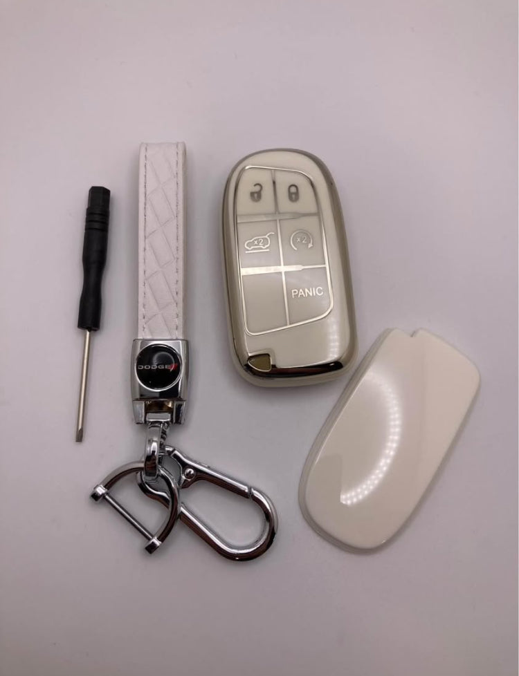 Dodge - white/chrome leather Keychain and key fob case