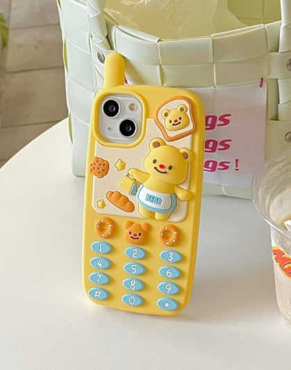 3D Cute Butter Bear Retro Phone Shape Soft Silicone Case Compatible with iPhone 13 Pro 6.1 inch
