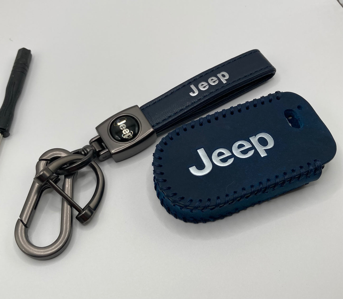 Jeep - Leather Keychain and Matching Key Fob Case - Navy Blue