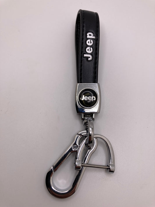 Jeep black/chrome leather keychain